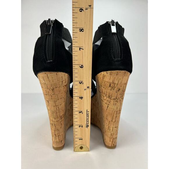 Rouge 8.5 Black Strappy Sling-back Stretch Cork Platform Wedge Women's Shoes - Picture 6 of 9